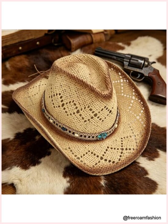 Straw Cowboy Hat with Beaded Band, Shapeable Wide Brim Crochet Sun Hat main image 5